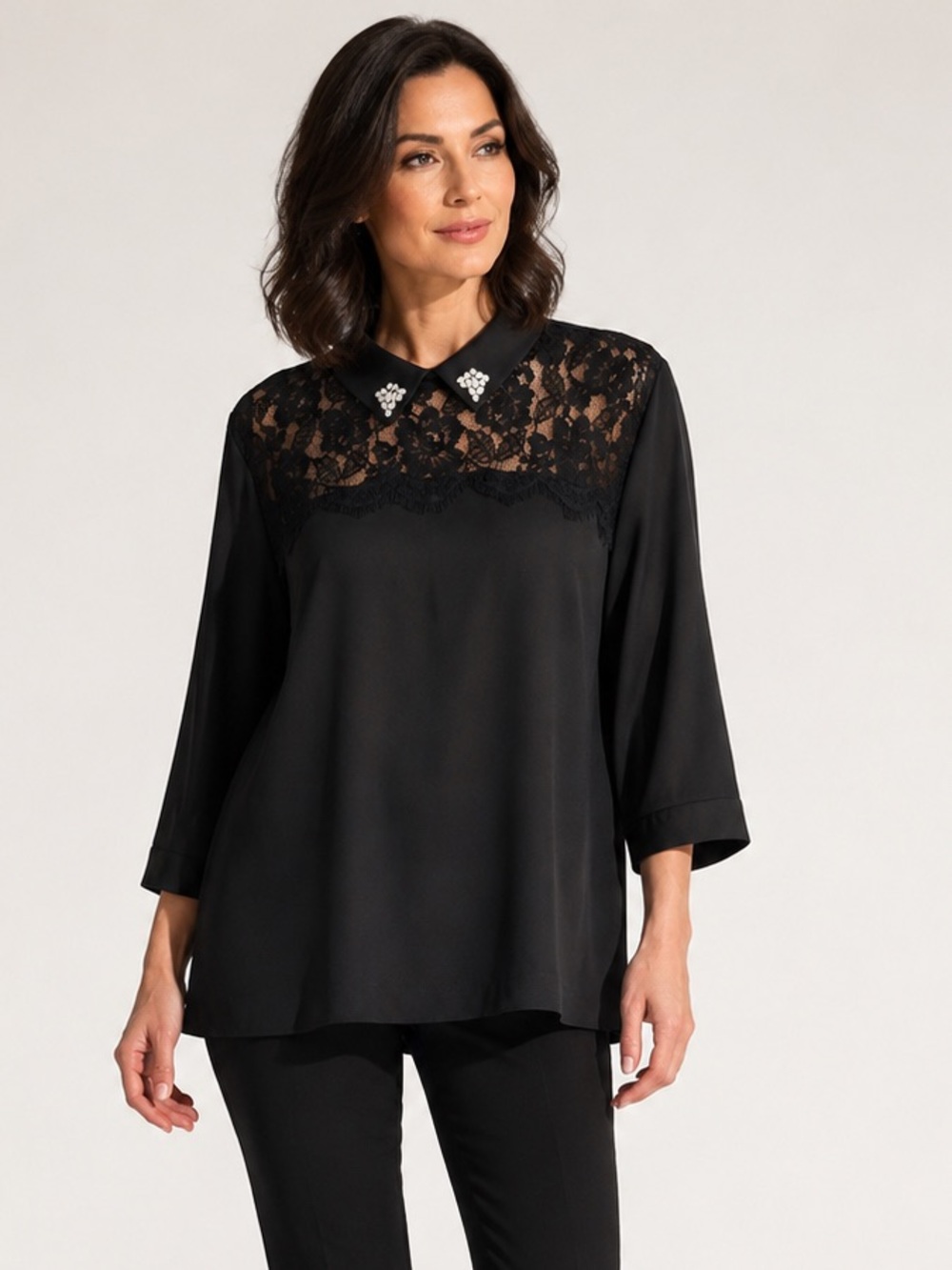 Karl Lagerfeld Paris Black Lace Rhinestone Collar 3/4 Sleeve Tunic Blouse